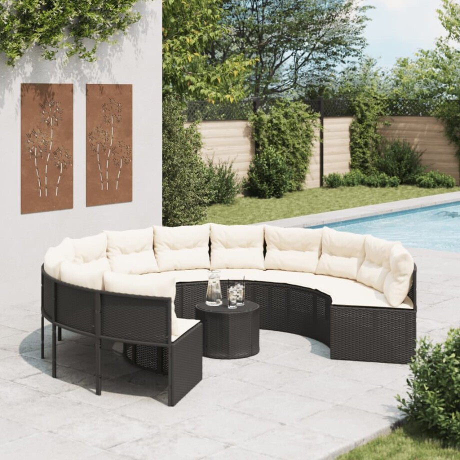 vidaXL Tuinbank met tafel en kussens rond poly rattan zwart vidaXL Tuinbank met tafel en kussens rond poly rattan zwart afbeelding 1