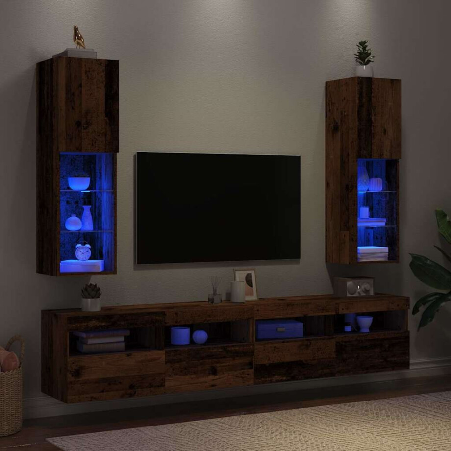vidaXL Tv-meubels met LED-verlichting 2 st 30,5x30x102 cm oud hout vidaXL Tv-meubels met LED-verlichting 2 st 30,5x30x102 cm oud hout afbeelding 1
