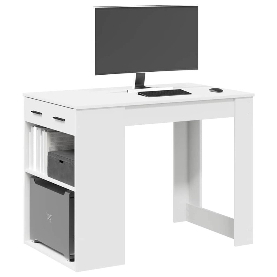 vidaXL Bureau met lade en plank 102x62x77,5 cm bewerkt hout wit afbeelding 1