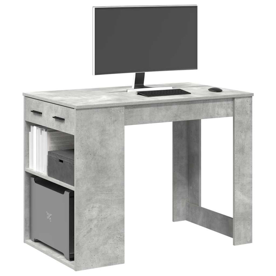 vidaXL Bureau met lade en plank 102x62x77,5 cm bewerkt hout betongrijs afbeelding 1