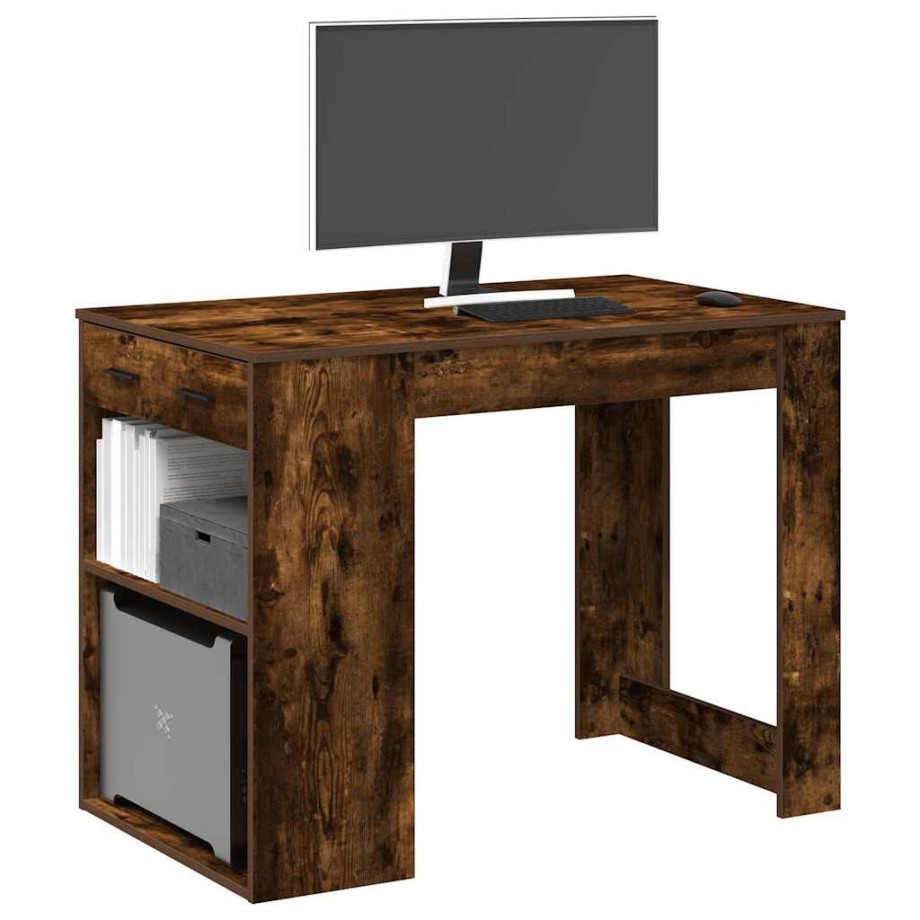 vidaXL Bureau met lade&plank 102x62x77,5 cm bewerkt hout gerookt eiken afbeelding 1