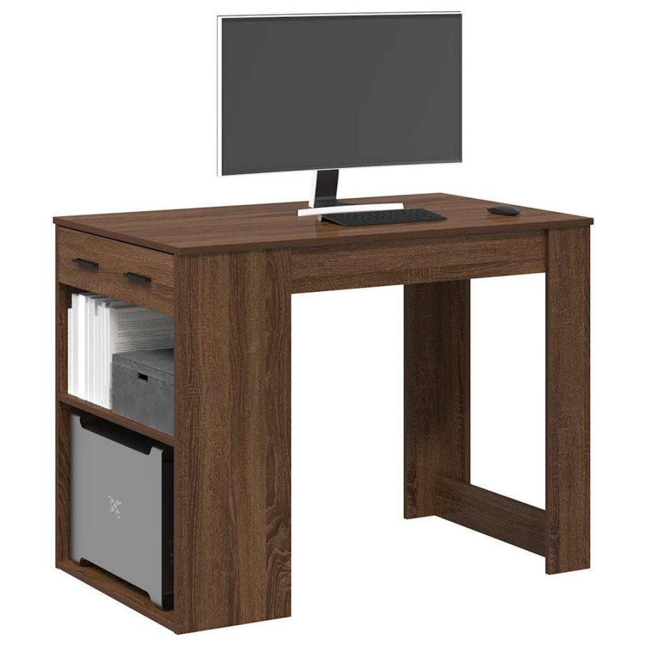 vidaXL Bureau met lade en plank 102x62x77,5cm bewerkt hout bruin eiken afbeelding 1