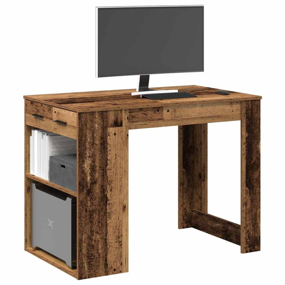 vidaXL Bureau met lade en plank 102x62x77,5 cm bewerkt hout oud hout afbeelding 1