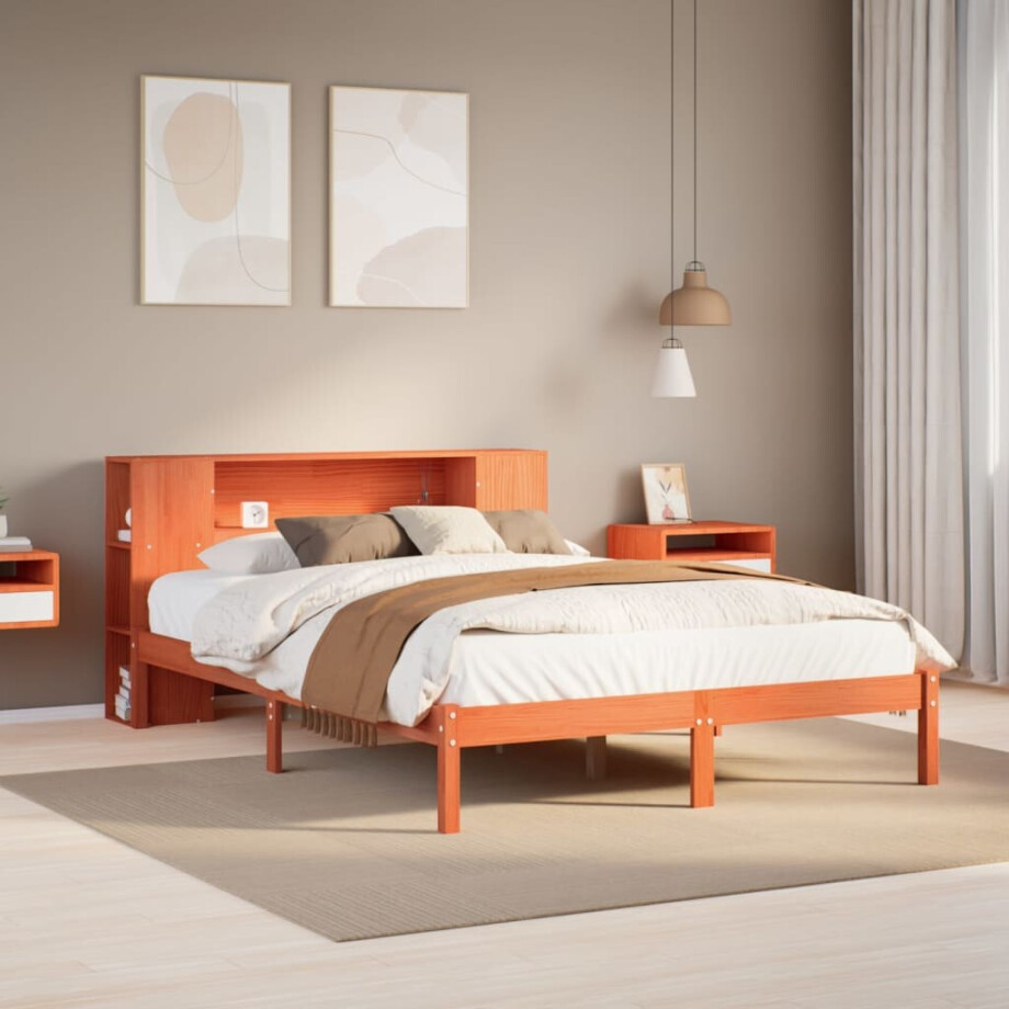 vidaXL Bed met boekenkast zonder matras grenenhout wasbruin 140x190 cm afbeelding 1