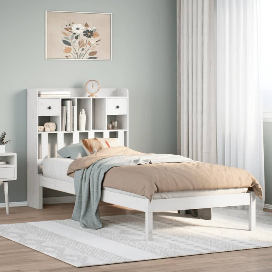 vidaXL Bed met boekenkast zonder matras grenenhout wit 90x190 cm vidaXL Bed met boekenkast zonder matras grenenhout wit 90x190 cm afbeelding 1