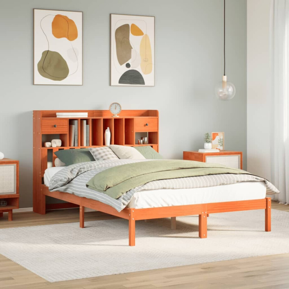 vidaXL Bed met boekenkast zonder matras grenenhout wasbruin 140x190 cm afbeelding 1