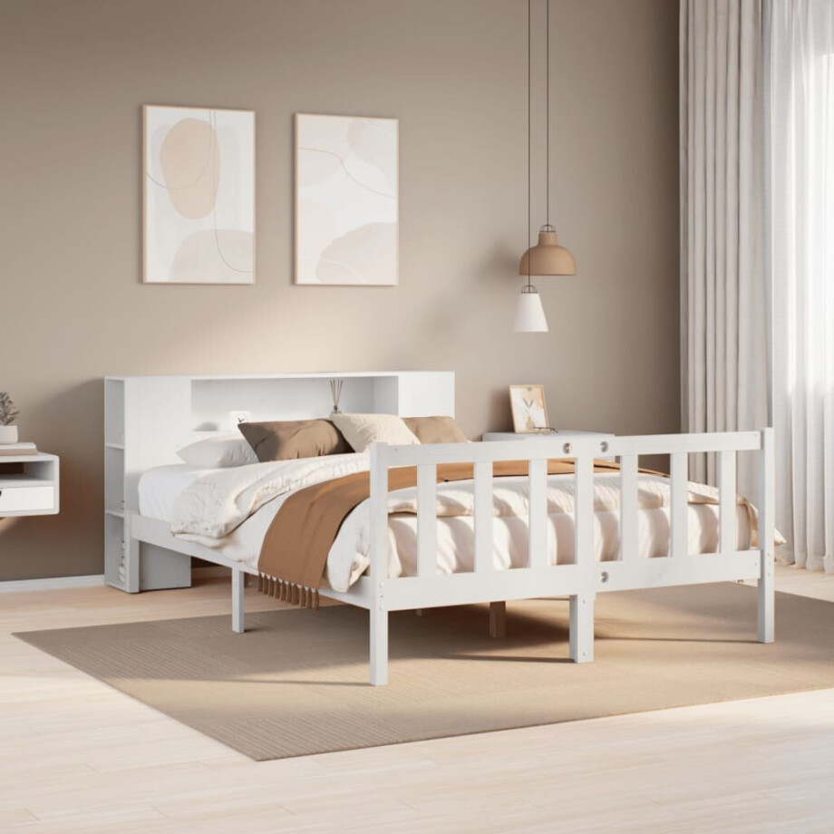 vidaXL Bed met boekenkast zonder matras grenenhout wit 160x200 cm vidaXL Bed met boekenkast zonder matras grenenhout wit 160x200 cm afbeelding 1