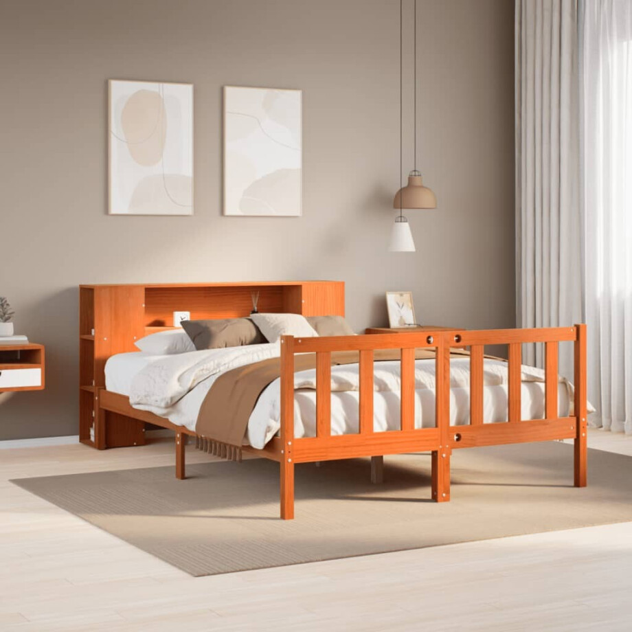 vidaXL Bed met boekenkast zonder matras grenenhout wasbruin 160x200 cm afbeelding 1