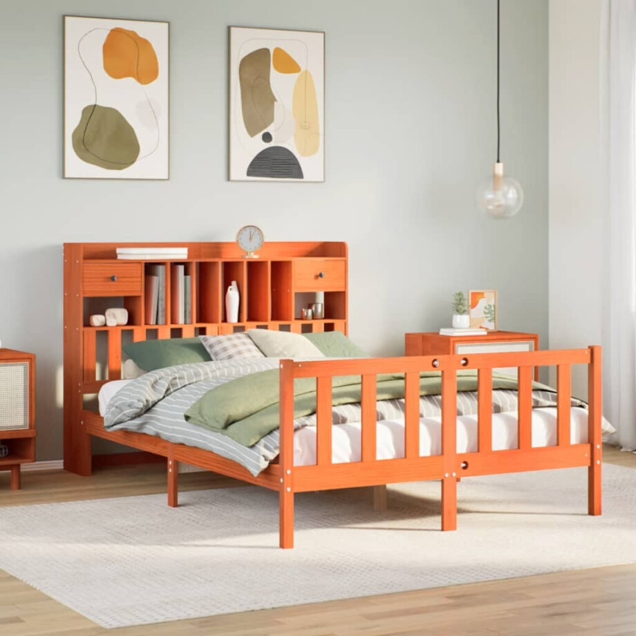 vidaXL Bed met boekenkast zonder matras grenenhout wasbruin 160x200 cm afbeelding 1