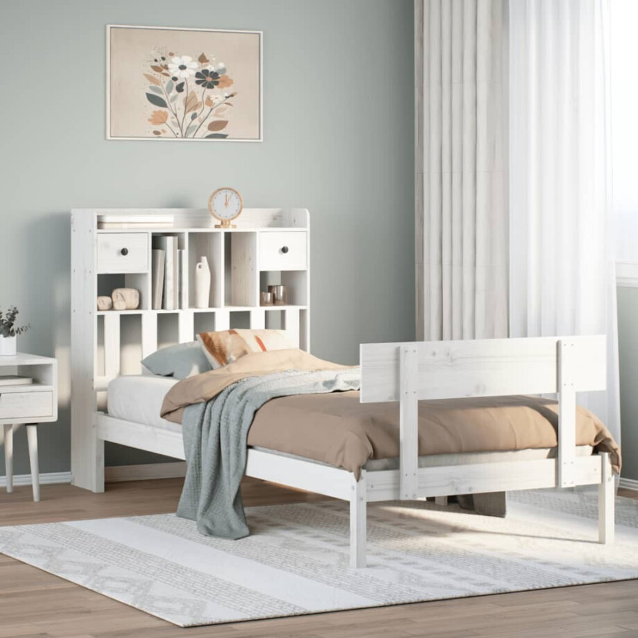vidaXL Bed met boekenkast zonder matras grenenhout wit 90x200 cm afbeelding 1