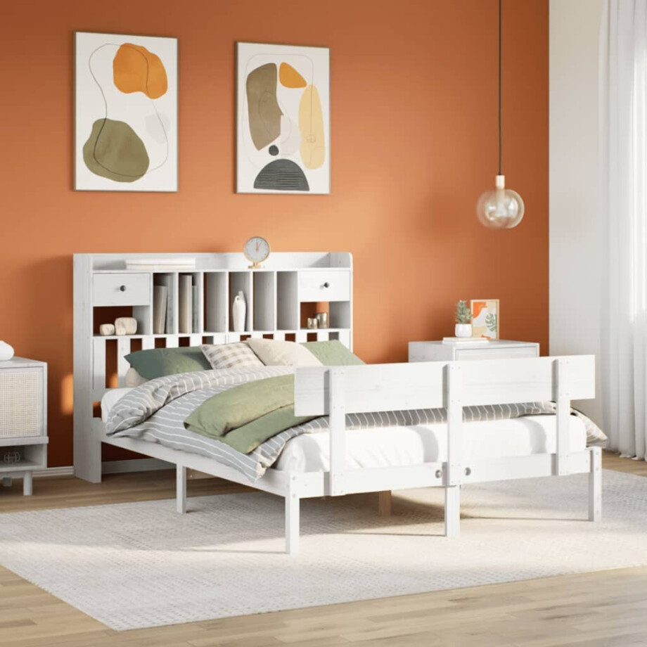 vidaXL Bed met boekenkast zonder matras grenenhout wit 150x200 cm vidaXL Bed met boekenkast zonder matras grenenhout wit 150x200 cm afbeelding 1