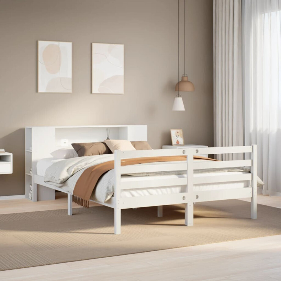 vidaXL Bed met boekenkast zonder matras grenenhout wit 120x190 cm afbeelding 1
