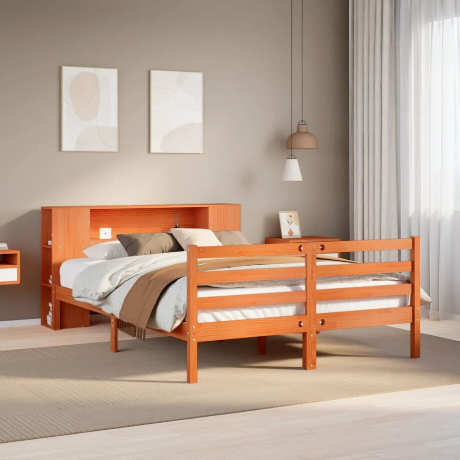 vidaXL Bed met boekenkast zonder matras grenenhout wasbruin 140x190 cm afbeelding 1