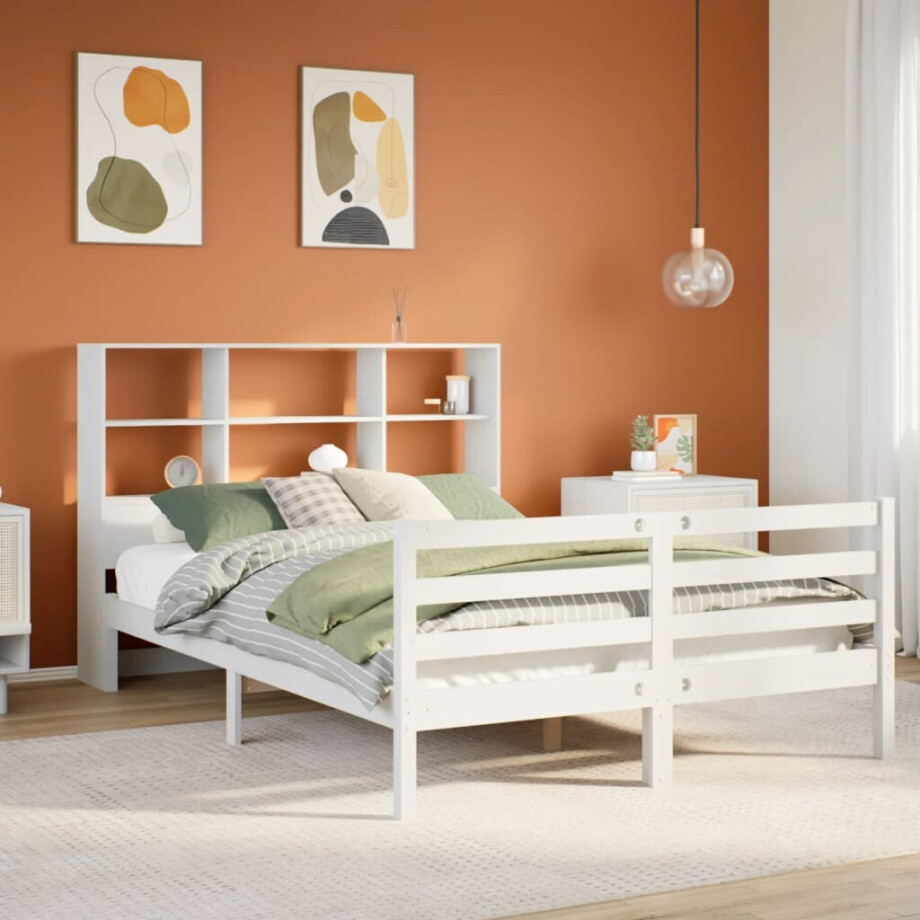 vidaXL Bed met boekenkast zonder matras grenenhout wit 160x200 cm afbeelding 1