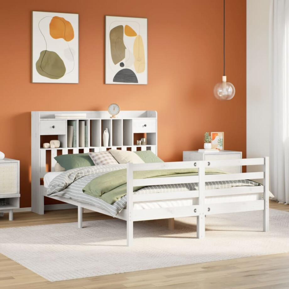 vidaXL Bed met boekenkast zonder matras grenenhout wit 160x200 cm vidaXL Bed met boekenkast zonder matras grenenhout wit 160x200 cm afbeelding 1