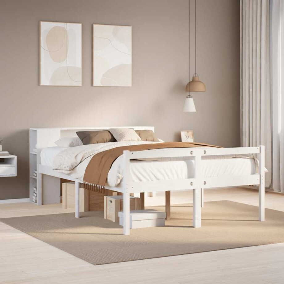 vidaXL Bed met boekenkast zonder matras grenenhout wit 160x200 cm afbeelding 1