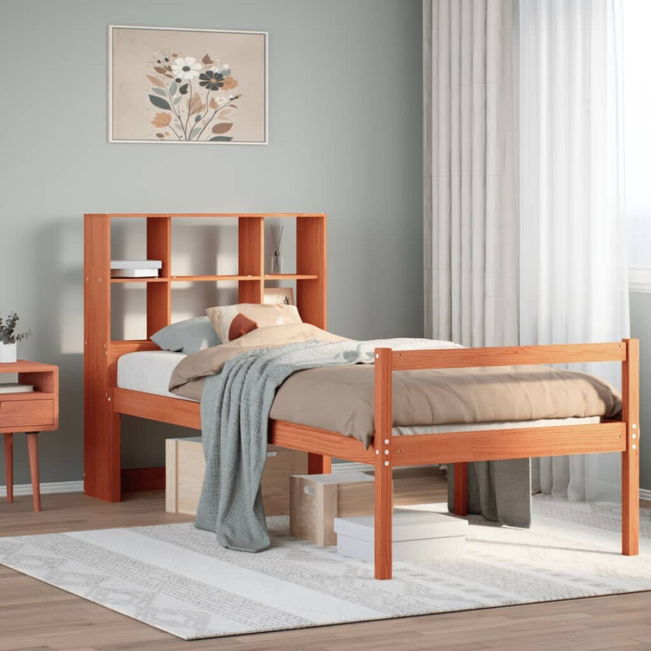 vidaXL Bed met boekenkast zonder matras massief hout wasbruin 75x190cm afbeelding 1