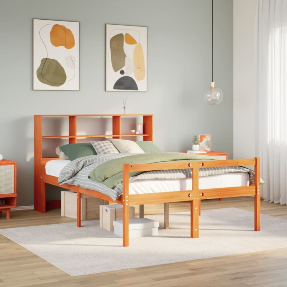vidaXL Bed met boekenkast zonder matras hout wasbruin 150x200 cm vidaXL Bed met boekenkast zonder matras hout wasbruin 150x200 cm afbeelding 1