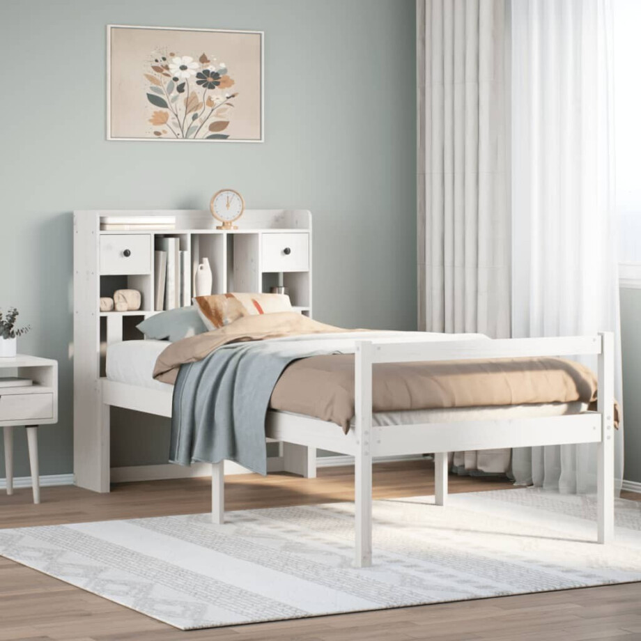 vidaXL Bed met boekenkast zonder matras grenenhout wit 90x200 cm afbeelding 1