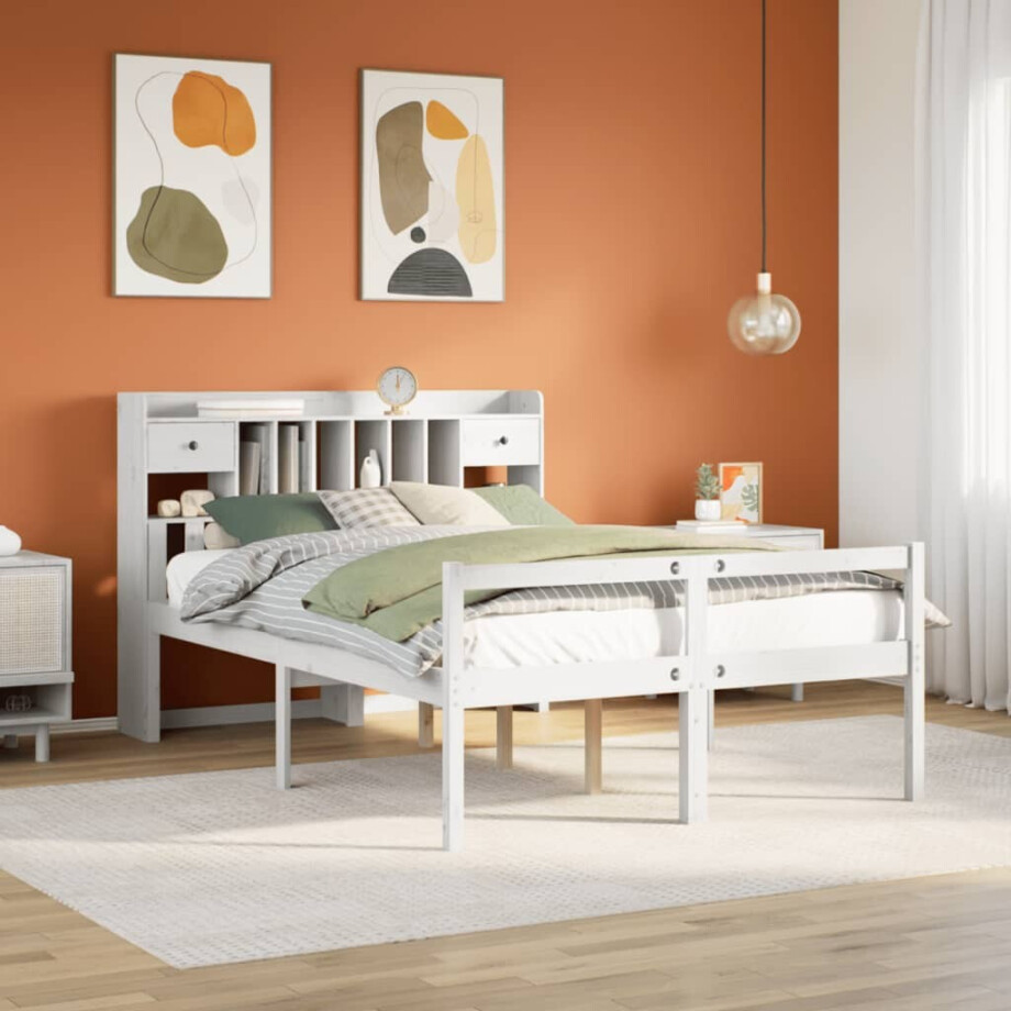 vidaXL Bed met boekenkast zonder matras grenenhout wit 160x200 cm afbeelding 1