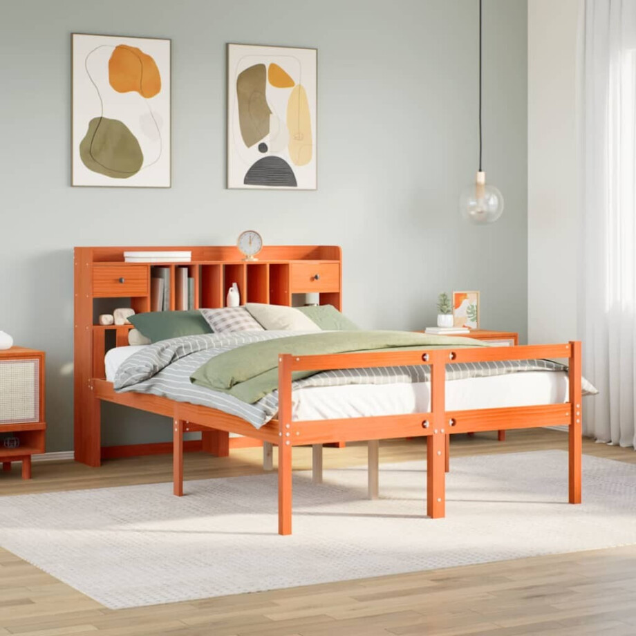 vidaXL Bed met boekenkast zonder matras grenenhout wasbruin 140x190 cm afbeelding 1