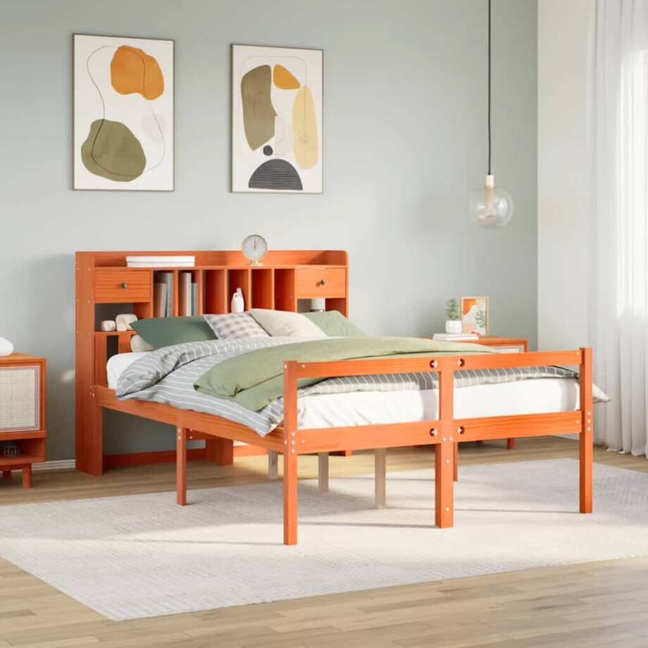 vidaXL Bed met boekenkast zonder matras grenenhout wasbruin 140x200 cm afbeelding 1