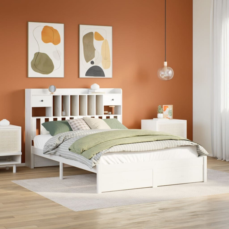 vidaXL Bed met boekenkast zonder matras grenenhout wit 140x190 cm afbeelding 1