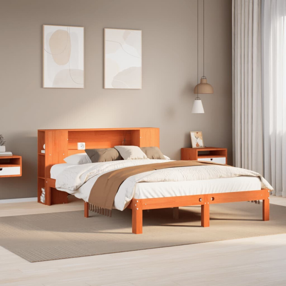 vidaXL Bed met boekenkast zonder matras grenenhout wasbruin 140x190 cm afbeelding 1