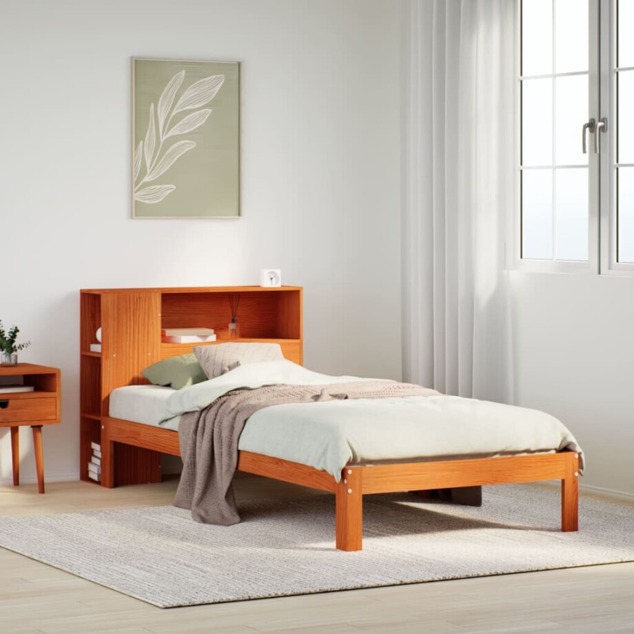 vidaXL Bed met boekenkast zonder matras grenenhout wasbruin 100x200 cm afbeelding 1