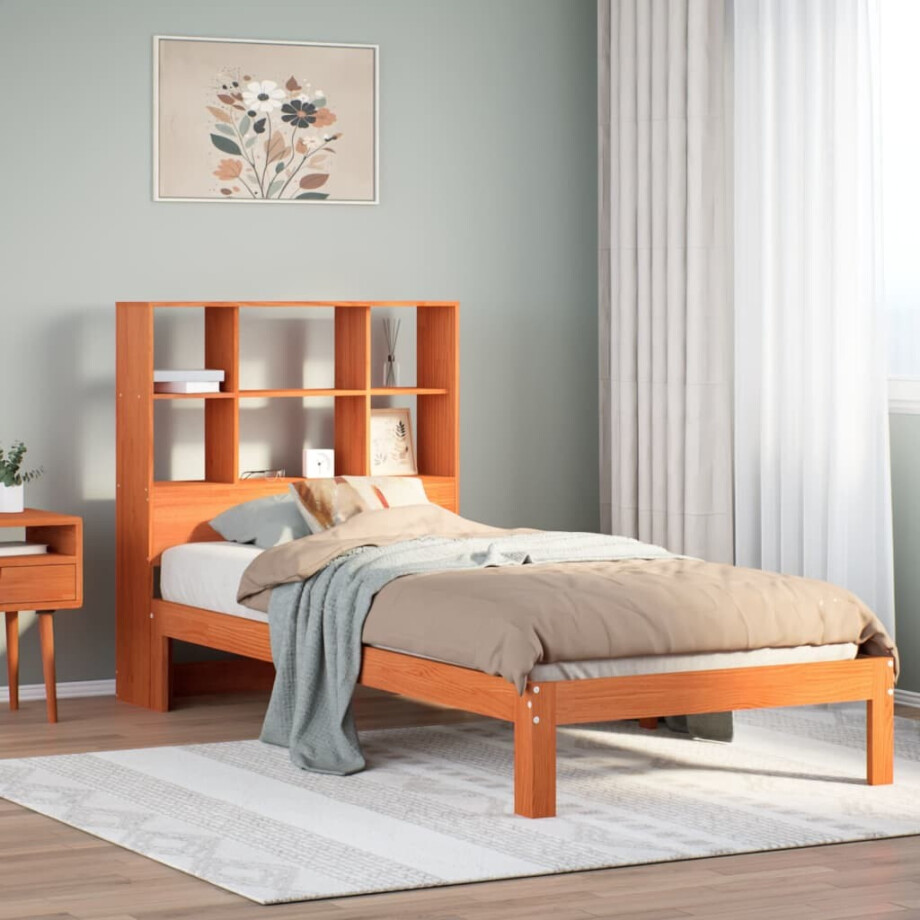 vidaXL Bed met boekenkast zonder matras grenenhout wasbruin 75x190 cm afbeelding 1