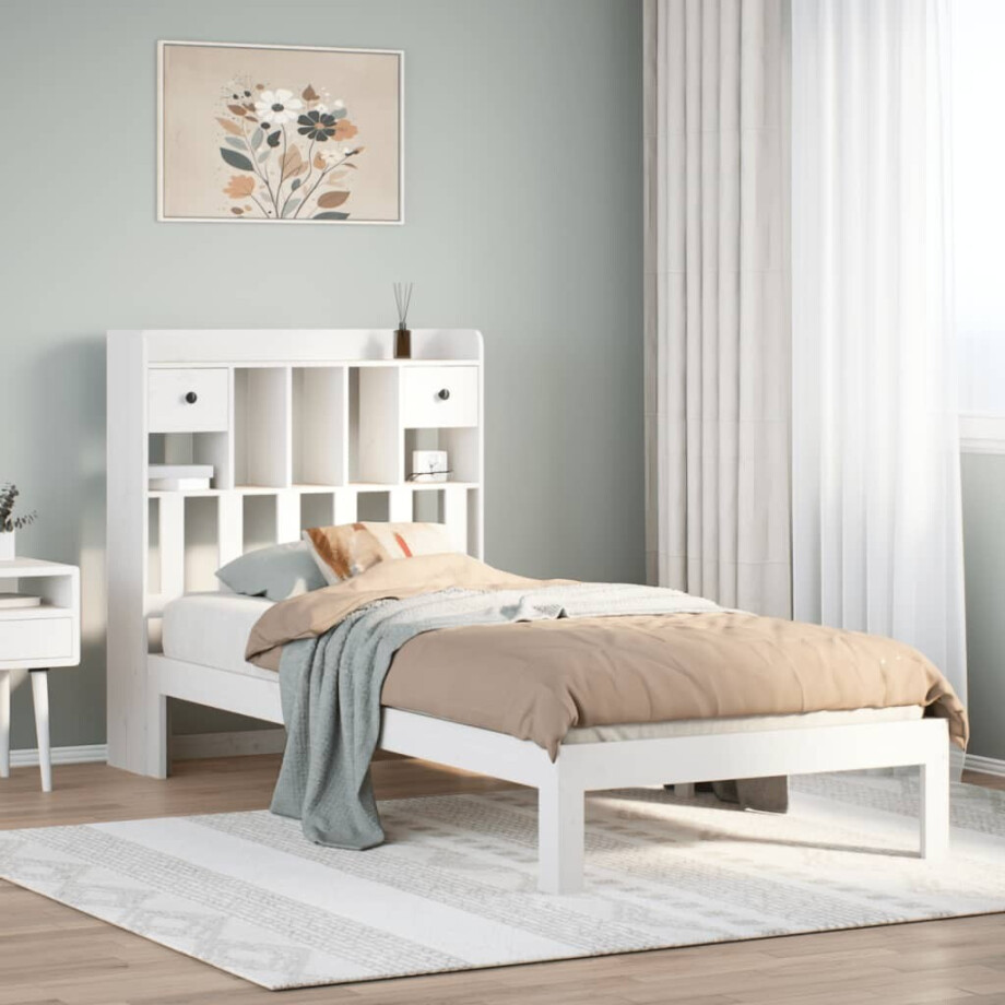 vidaXL Bed met boekenkast zonder matras grenenhout wit 90x190 cm afbeelding 1