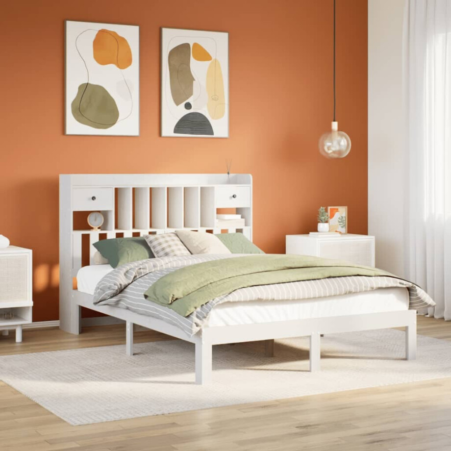 vidaXL Bed met boekenkast zonder matras grenenhout wit 135x190 cm vidaXL Bed met boekenkast zonder matras grenenhout wit 135x190 cm afbeelding 1