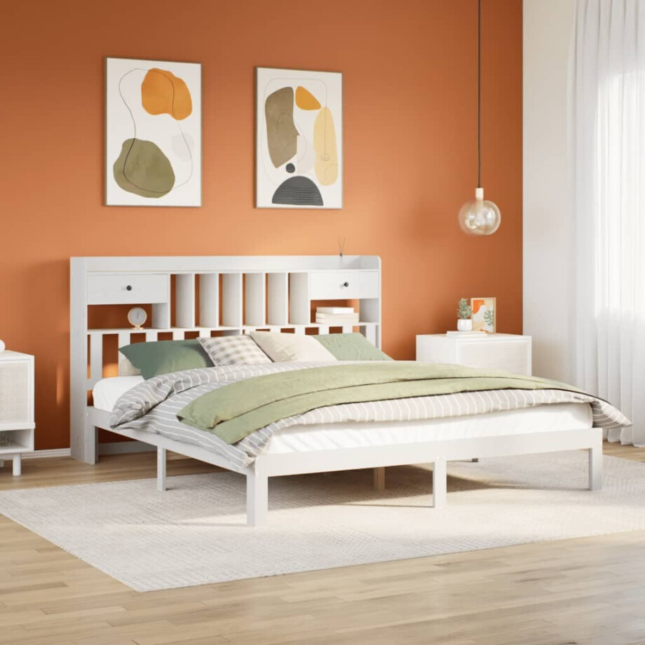 vidaXL Bed met boekenkast zonder matras grenenhout wit 180x200 cm vidaXL Bed met boekenkast zonder matras grenenhout wit 180x200 cm afbeelding 1