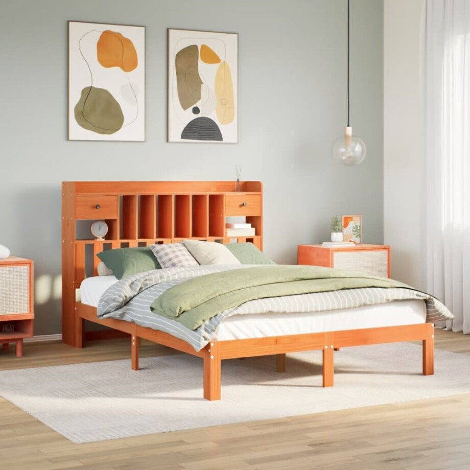 vidaXL Bed met boekenkast zonder matras grenenhout wasbruin 140x200 cm afbeelding 1