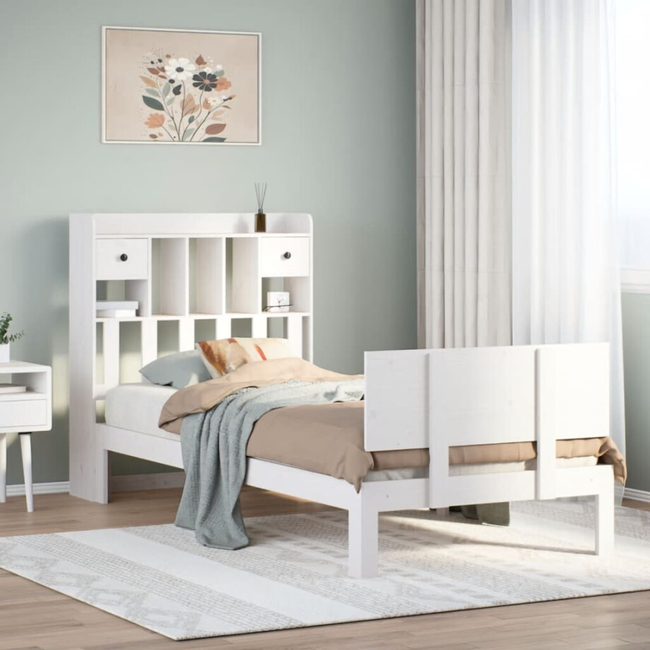 vidaXL Bed met boekenkast zonder matras grenenhout wit 90x190 cm vidaXL Bed met boekenkast zonder matras grenenhout wit 90x190 cm afbeelding 1