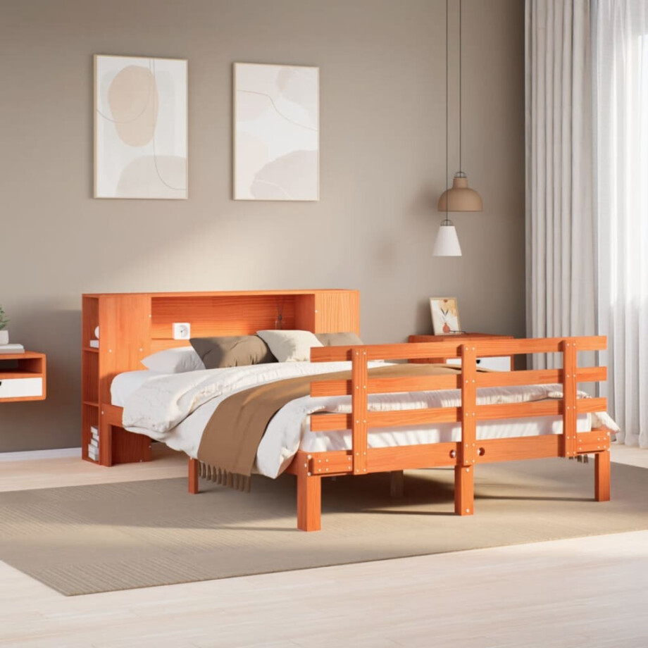 vidaXL Bed met boekenkast zonder matras grenenhout wasbruin 140x190 cm afbeelding 1