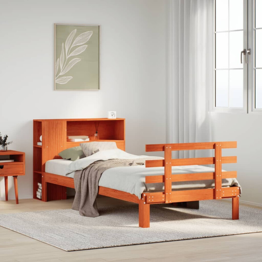 vidaXL Bed met boekenkast zonder matras grenenhout wasbruin 100x200 cm afbeelding 1