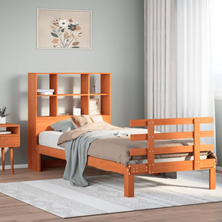 vidaXL Bed met boekenkast zonder matras grenenhout wasbruin 100x200 cm afbeelding 1