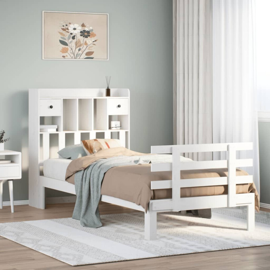 vidaXL Bed met boekenkast zonder matras grenenhout wit 75x190 cm afbeelding 1