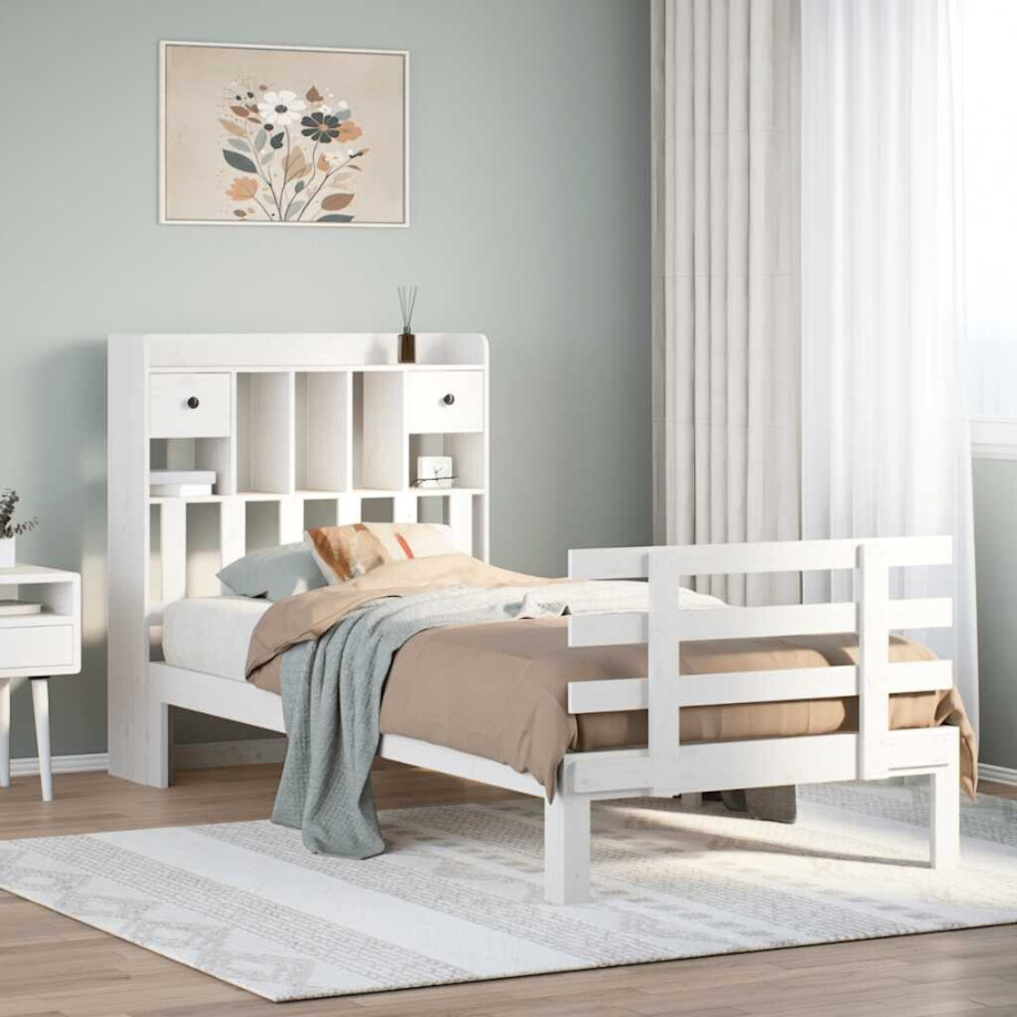 vidaXL Bed met boekenkast zonder matras grenenhout wit 75x190 cm afbeelding 1