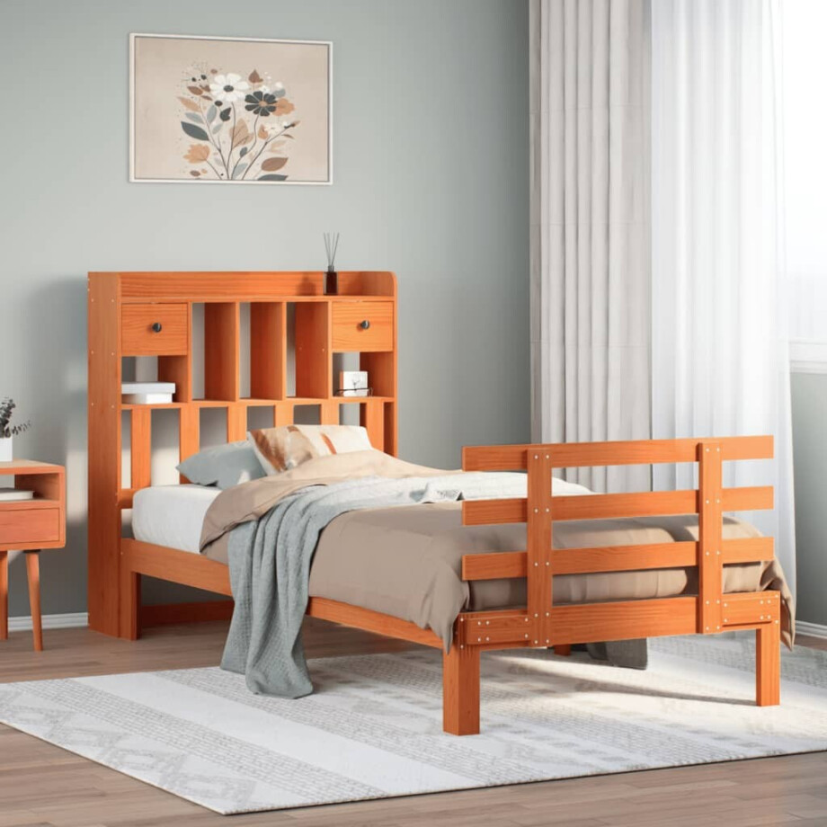 vidaXL Bed met boekenkast zonder matras grenenhout wasbruin 100x200 cm afbeelding 1