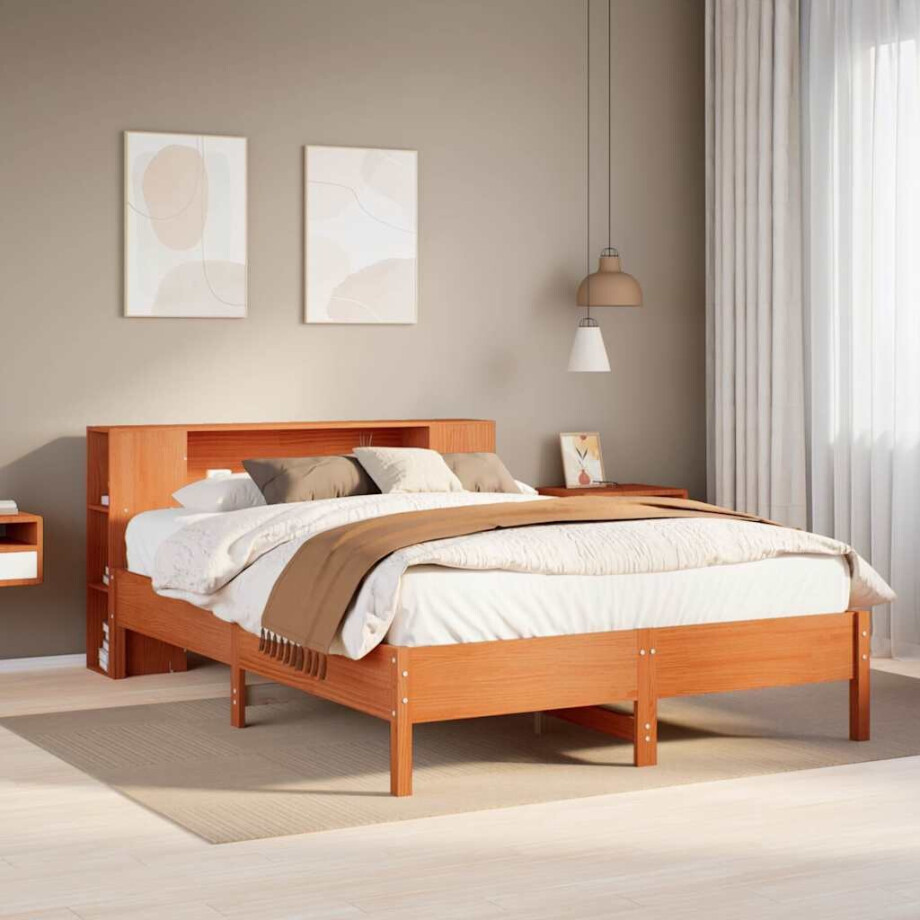 vidaXL Bed met boekenkast zonder matras grenenhout wasbruin 135x190 cm vidaXL Bed met boekenkast zonder matras grenenhout wasbruin 135x190 cm afbeelding 1