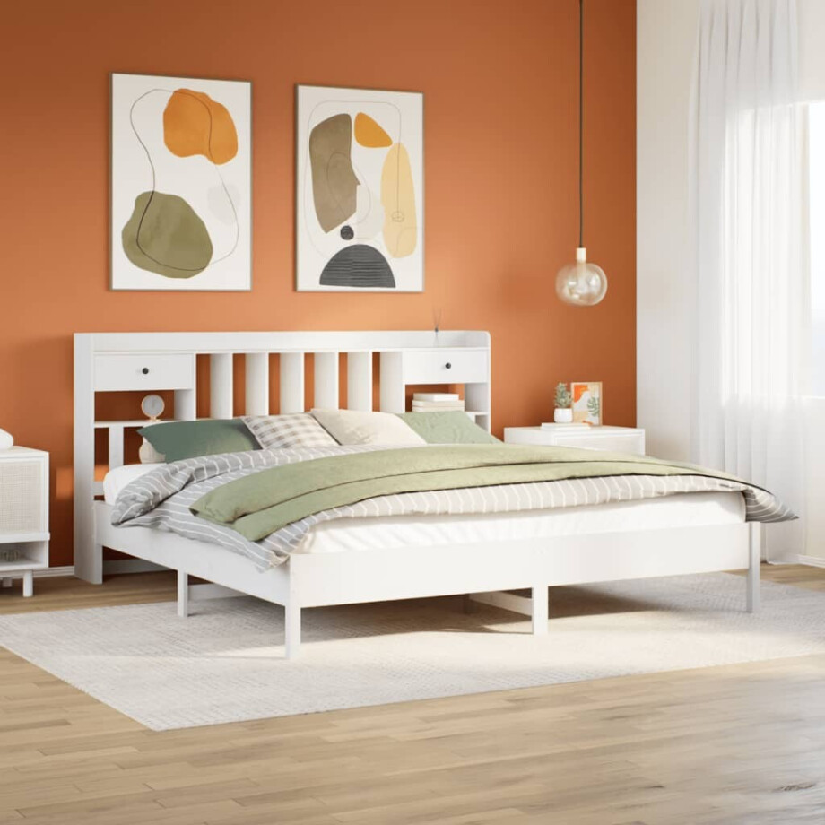 vidaXL Bed met boekenkast zonder matras grenenhout wit 180x200 cm vidaXL Bed met boekenkast zonder matras grenenhout wit 180x200 cm afbeelding 1