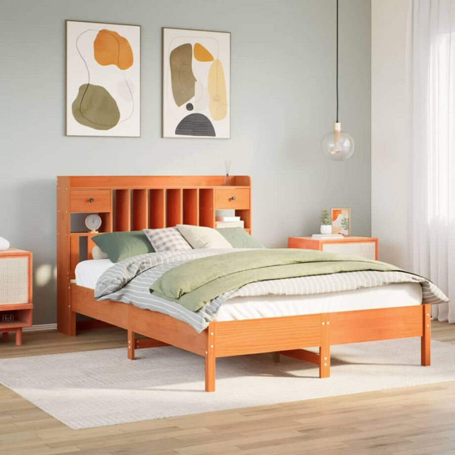 vidaXL Bed met boekenkast zonder matras grenenhout wasbruin 160x200 cm vidaXL Bed met boekenkast zonder matras grenenhout wasbruin 160x200 cm afbeelding 1