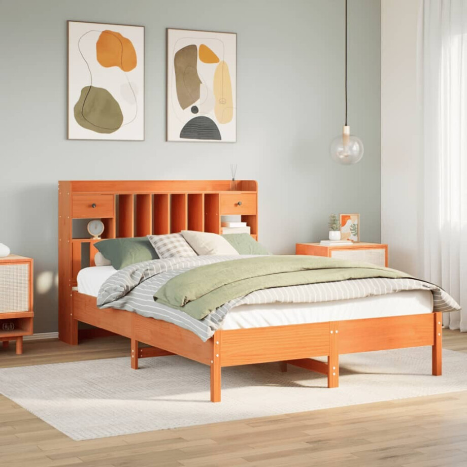 vidaXL Bed met boekenkast zonder matras grenenhout wasbruin 135x190 cm vidaXL Bed met boekenkast zonder matras grenenhout wasbruin 135x190 cm afbeelding 1