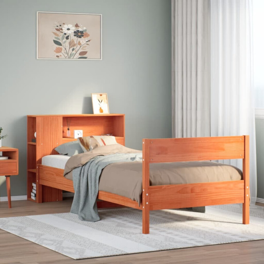vidaXL Bed met boekenkast zonder matras grenenhout wasbruin 100x200 cm afbeelding 1