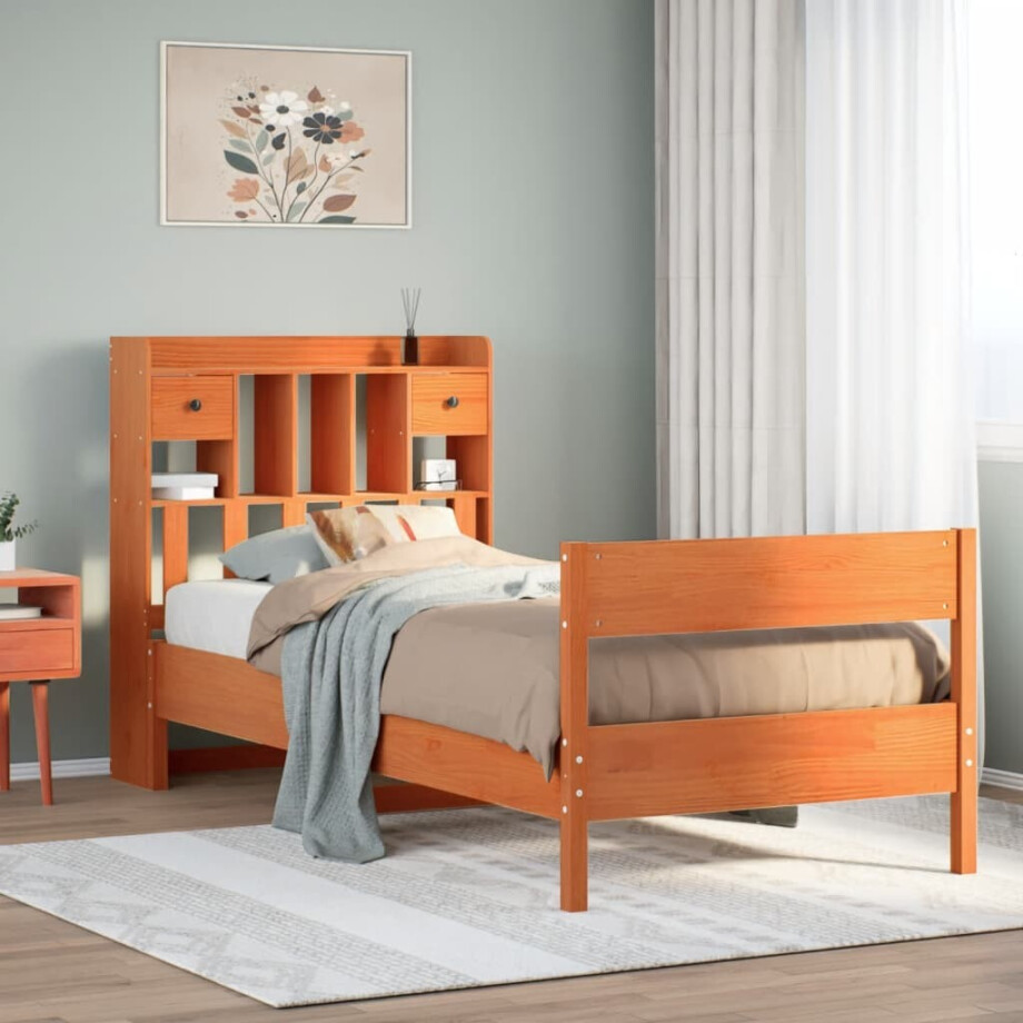 vidaXL Bed met boekenkast zonder matras grenenhout wasbruin 100x200 cm afbeelding 1