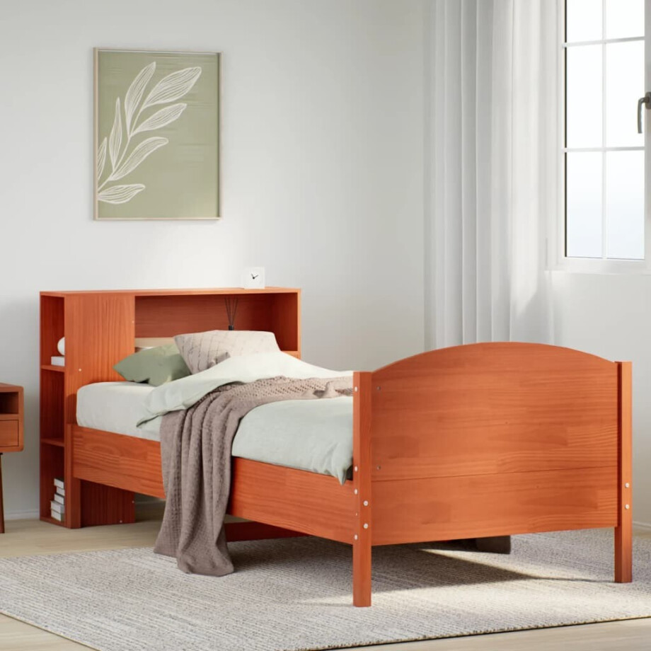 vidaXL Bed met boekenkast zonder matras grenenhout wasbruin 100x200 cm afbeelding 1