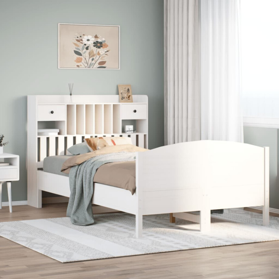 vidaXL Bed met boekenkast zonder matras grenenhout wit 135x190 cm afbeelding 1