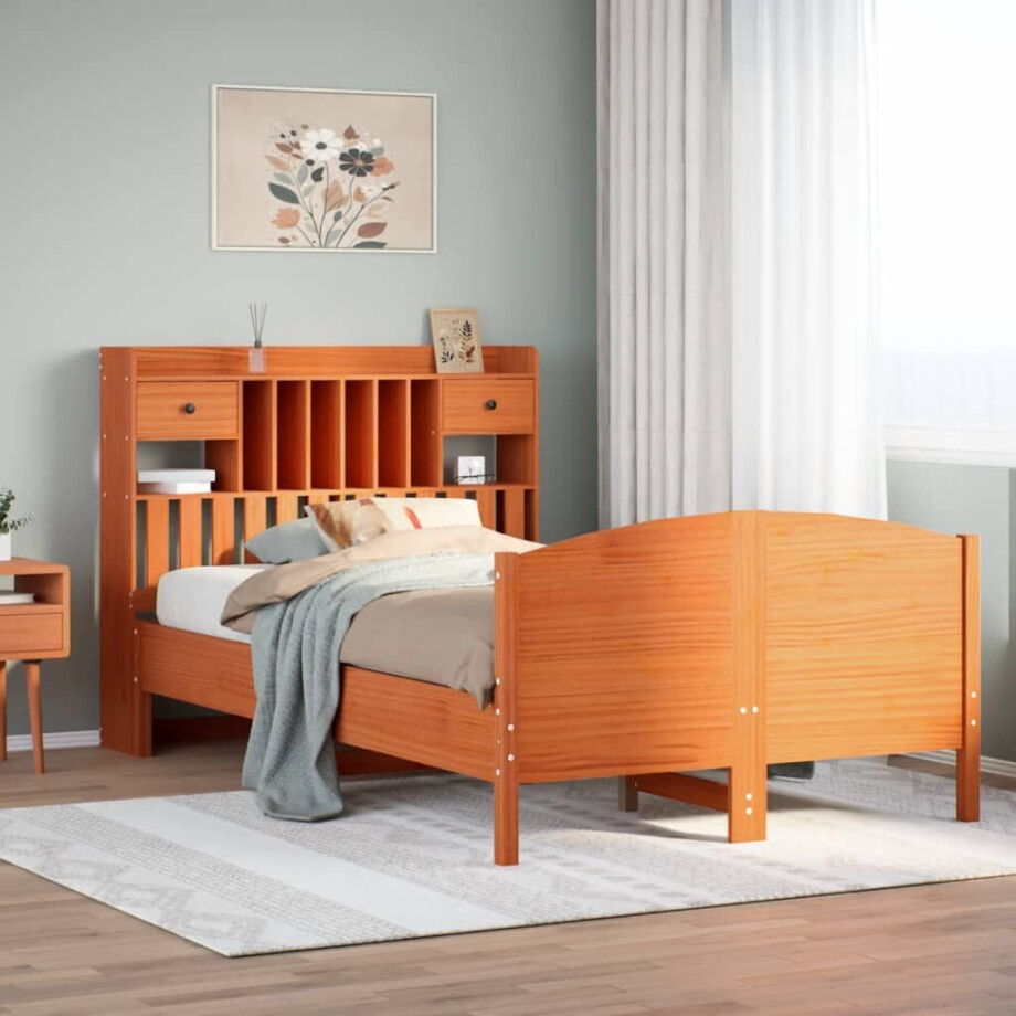 vidaXL Bed met boekenkast zonder matras grenenhout wasbruin 135x190 cm afbeelding 1